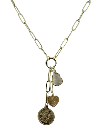 30" Paperclip Necklace with Coin, Heart and Budda Charms