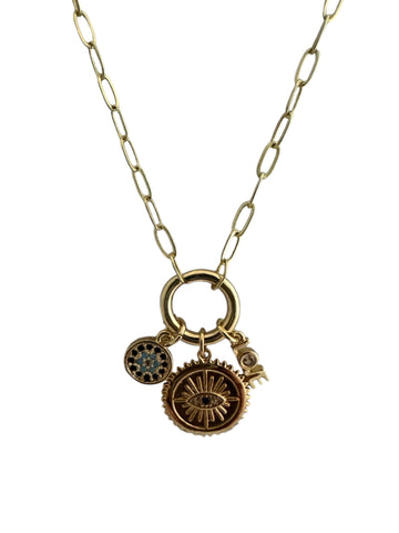 16" - 18" Evil Eye and Love Charm Necklace on Gold Paperclip Chain