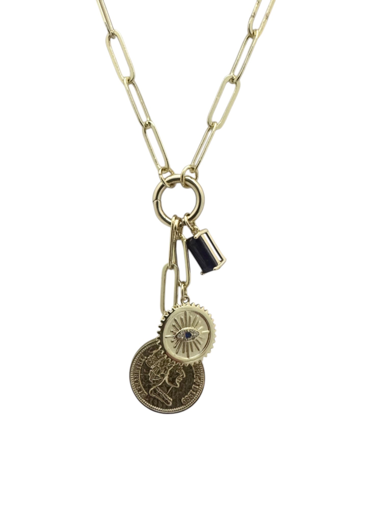 16" - 18" Gold Paperclip Necklace with Coin, Evil Eye and Blue Rectangle Crystal