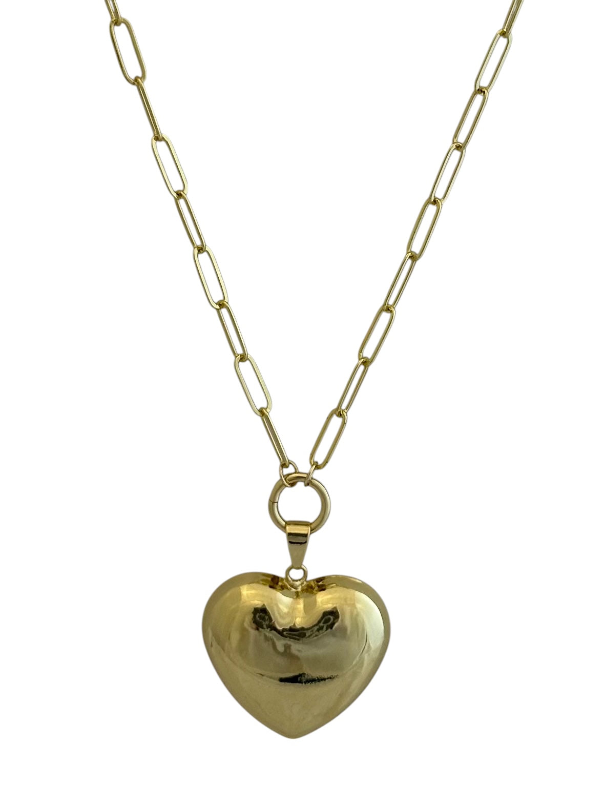 30" Gold Paperclip Necklace with Extra Large Puffy Heart Charm