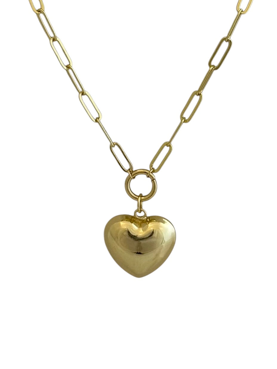 16" - 18" Gold Paperclip Necklace with Large Puffy Heart