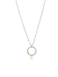 Long Paperclip Necklace with Matte Gold Circle and Pearl