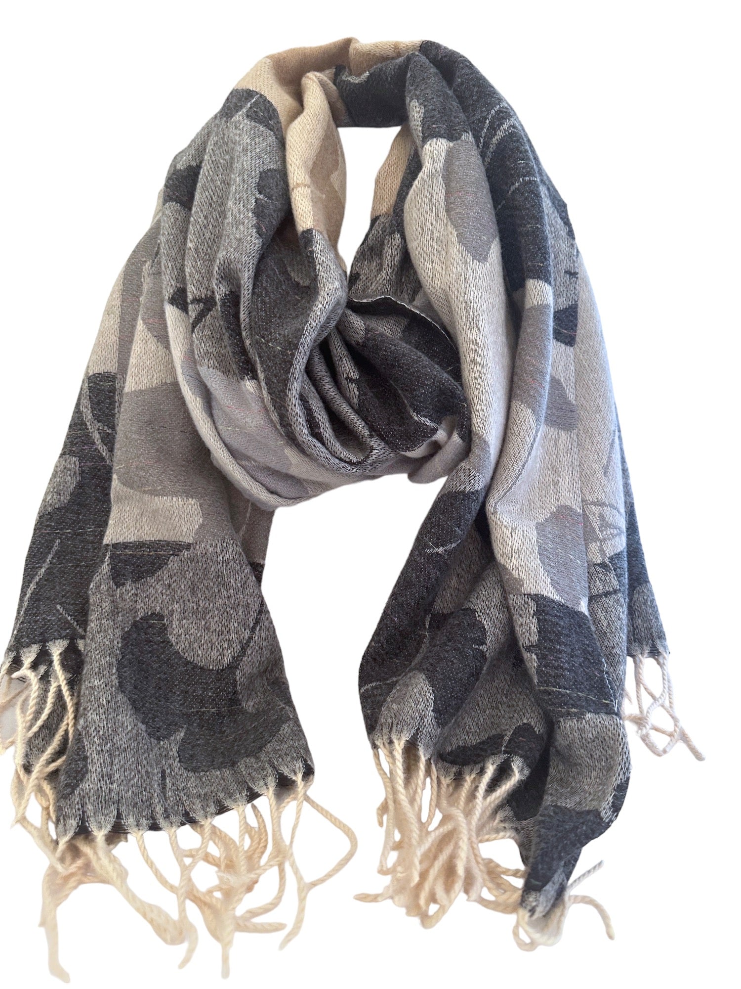Block Pattern Cashmere Feel Scarf with Fringe