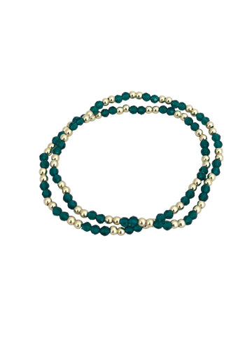Green Faceted Beads and Gold 3mm Gold Ball Stretch Bracelet