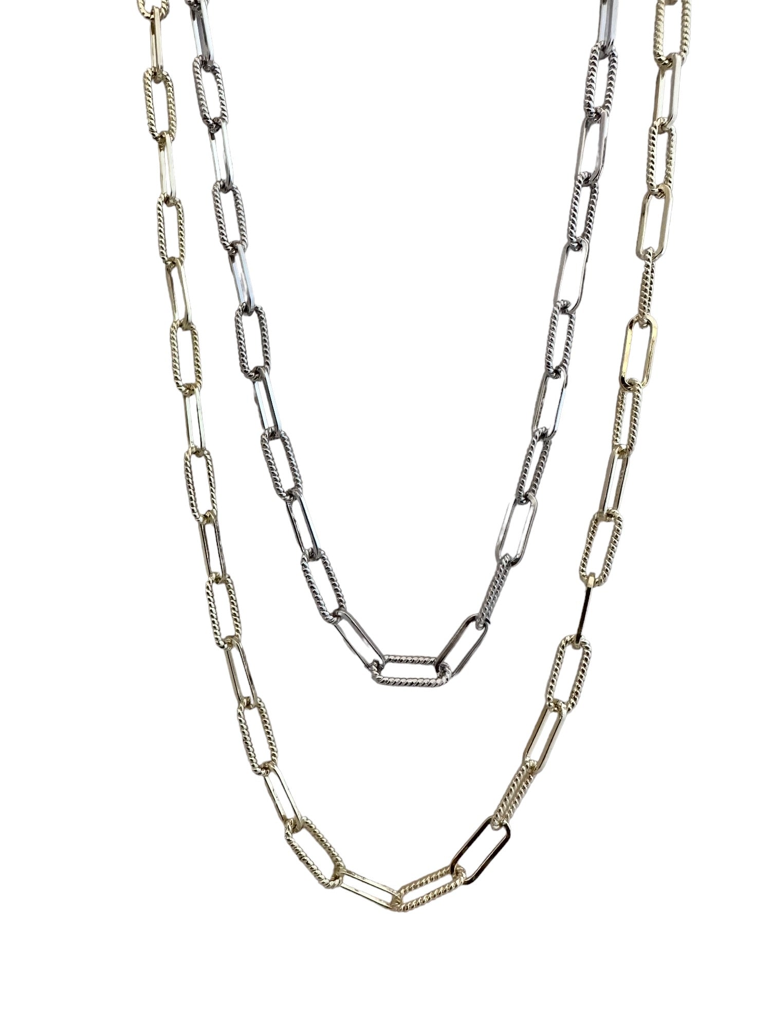 Shiny Paperclip Long Necklace with Textured Detail