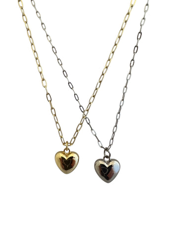 Shiny Puffy Heart Necklace on Paperclip Chain