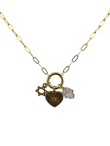 16" - 18" Star of David, Heart, Hamsa Gold Paperclip Charm Necklace