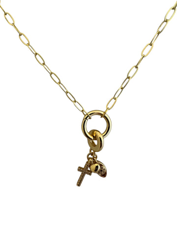 Gold Paperclip Charm Necklace with Cross