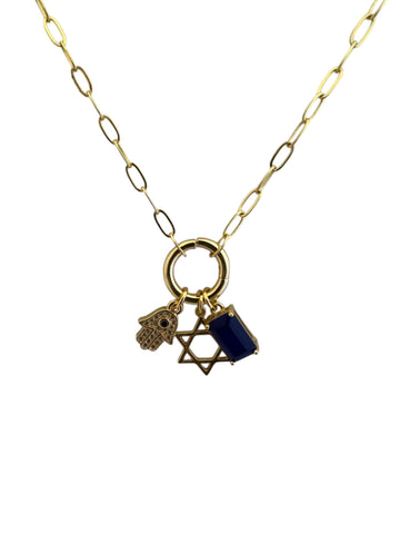 16" - 18" Star of David, Blue Hamsa Gold Paperclip Necklace