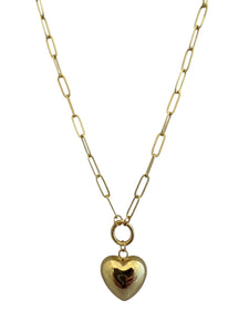 Long Gold Paperclip Necklace with Puffy Heart Charm