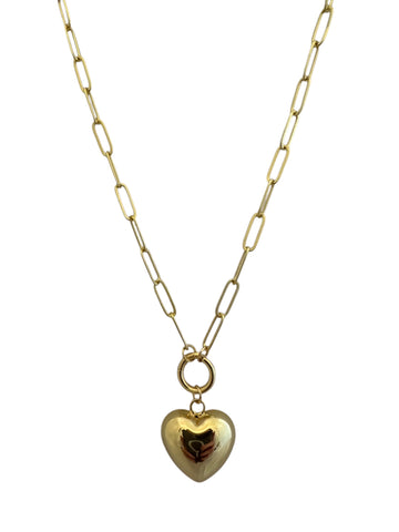 Long Gold Paperclip Necklace with Puffy Heart Charm