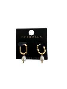 Rectangular Gold Hoop Earrings with Pearl Drop