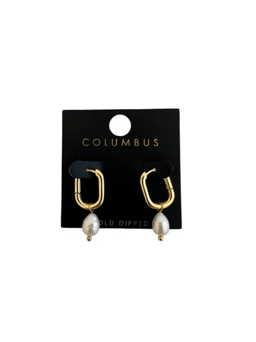 Rectangular Gold Hoop Earrings with Pearl Drop