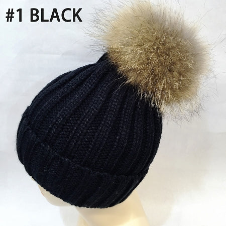 Fleece Lined Hat with Real Fur Pom Pom