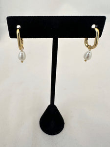 Rectangular Hoops with Fresh Water Pearl Drop