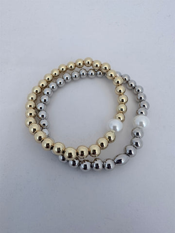 6mm Gold or Silver Ball Beaded Stretch Bracelet with a Pearl