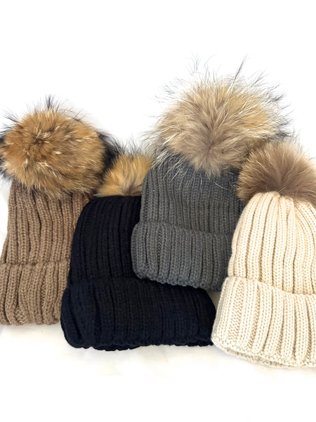 Fleece Lined Hat with Real Fur Pom Pom