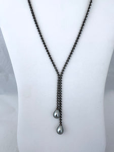 Black "Diamond" Rhinestone Y Necklace with Grey Pearl Drops